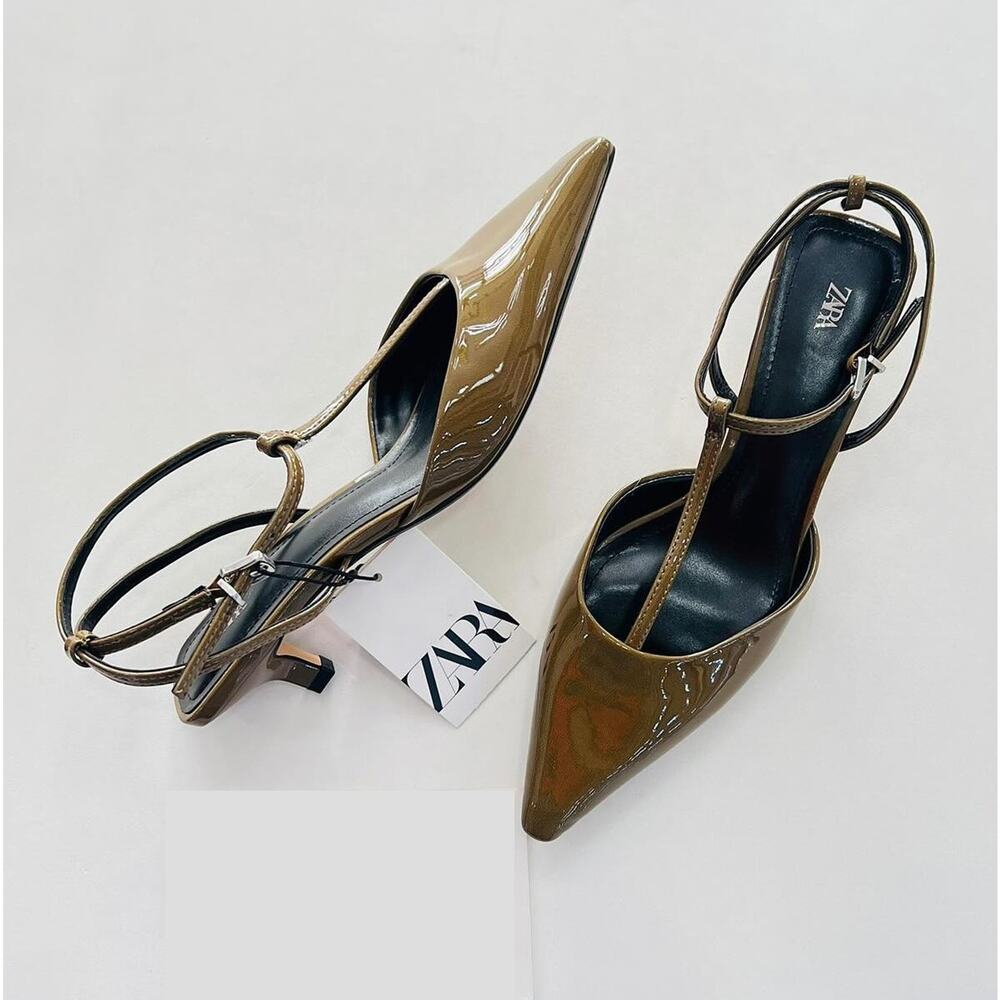 Zara Olive Green Pointed Toe T-Strap Slingback Heels NWT - Picture 9 of 16
